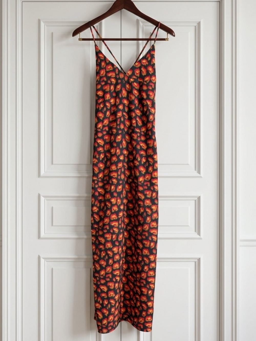 Won Hundred Red Orange Leopard Print Maxi Slip Dress Cami Cross Back Sz 2/XS EUC